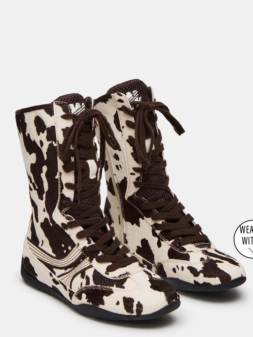 Steve Madden Cow-Print Lace-Up Boots in Brown & White